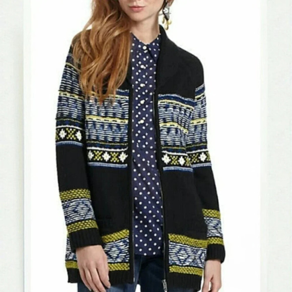 Anthropologie Sparrow Batley Fairisle Black Multi Cardigan Sweater Coat Medium - Picture 1 of 8